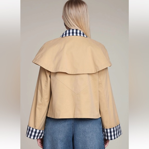 NEW! NWT AVEC LES FILLES Gingham Trim Cotton Cape Jacket in Khaki Size XS - Picture 4 of 7